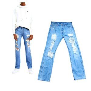 Men's Levi's 501 Blue Jeans Original Fit Ripped, Size 30‎